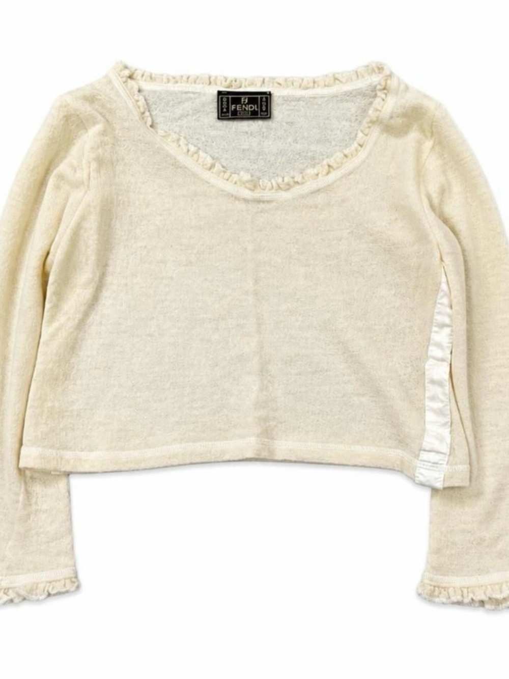 Vintage Fendi Wool Crop Top Sweater Bell Sleeves Ruffle Trim Cream Size S/M Y2K